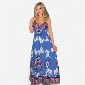 SHES COOL Boho Blue Pink & White floral Bali Inspired Cotton Maxi Summer Dress M